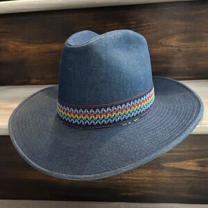 Vintage Denim Wide Brim Hat Rainbow Band Women’s Size M 7 1/8 Made in Korea